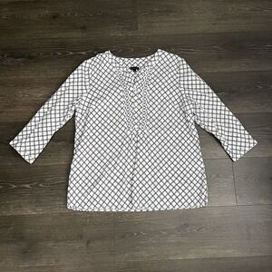 Talbots Women Top Blue Diamond Pattern Blouse 3/4 Sleeve Size Large Coastal Boho